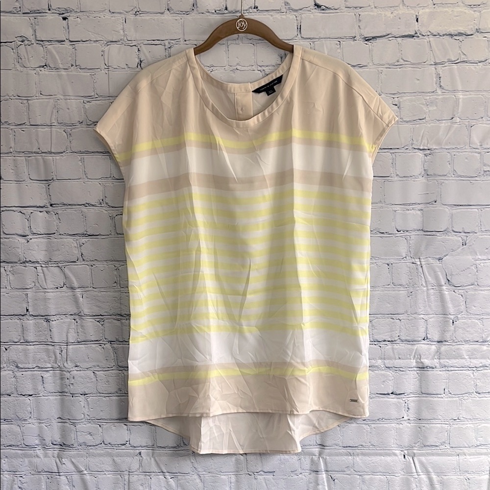 Tommy Hilfiger Striped Yellow and Cream Women's Top Size Large Short Sleeve